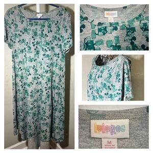 LuLaRoe Disney Carly Dress M Gray Green Mickey Mouse Print Hi-Low Hem